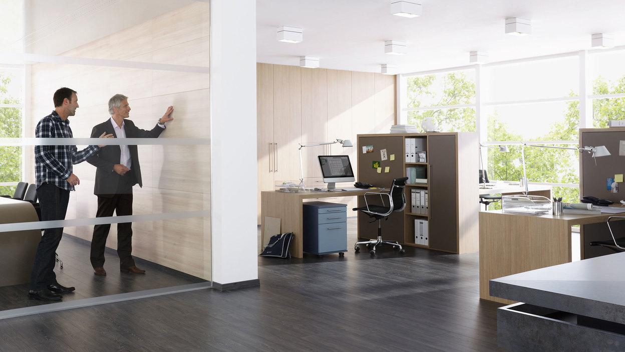 Impression eines Büros mit abgeschlossenem Raum. Impression eines Büros mit abgeschlossenem Raum mit Glaswand und offener Bürogestaltung.